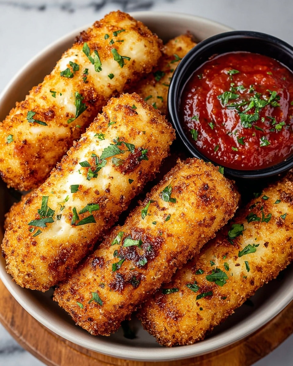 A black bowl filled with six golden brown, crispy fried cheese sticks, each coated with a crunchy breadcrumb layer and sprinkled with chopped green herbs on top. The cheese sticks are arranged closely together, with one slightly tilted. At the back of the bowl, a small black container holds thick red marinara sauce garnished with small green herb pieces. The bowl sits on a wooden surface against a white marbled background. photo taken with an iphone --ar 4:5 --v 7