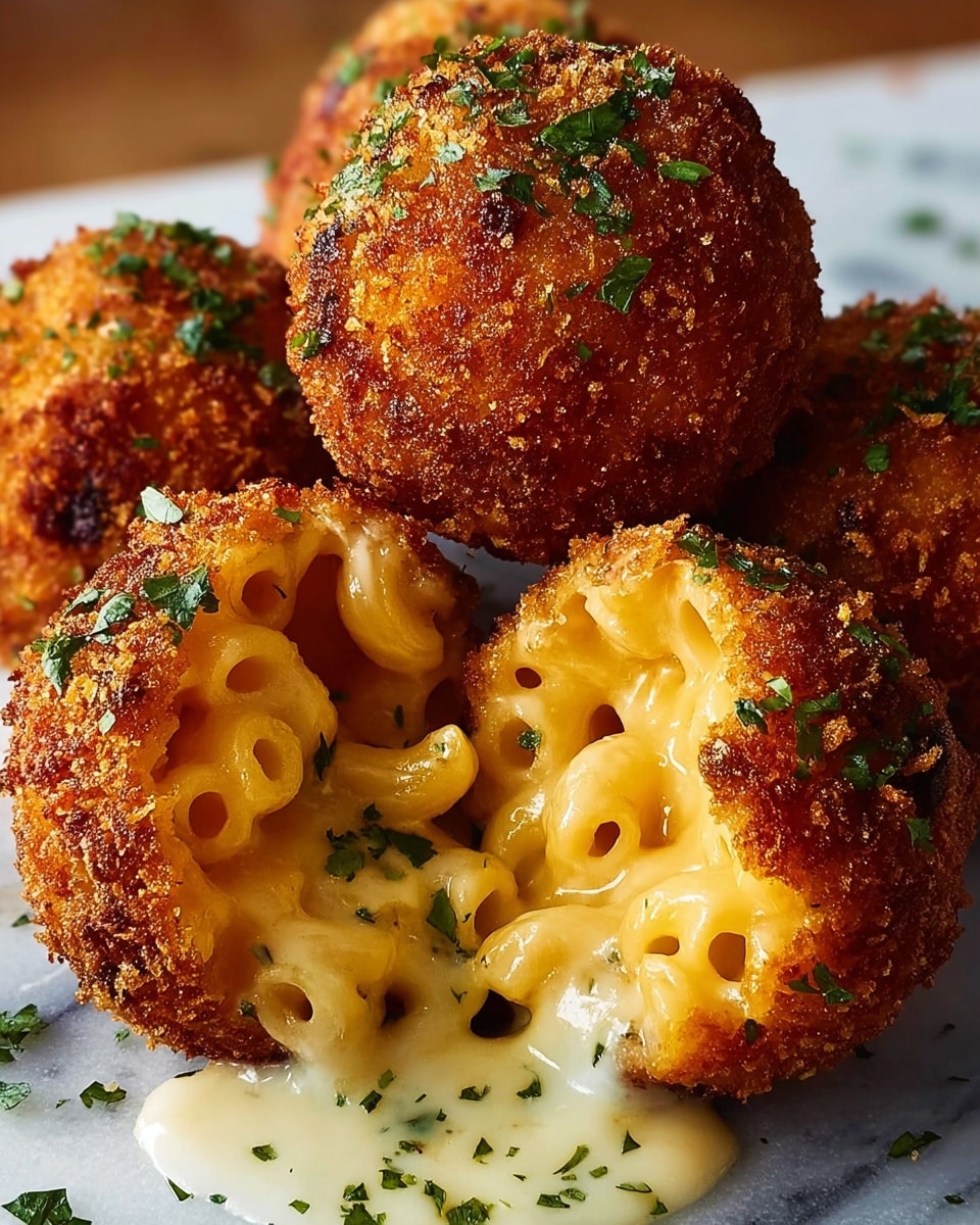 The image shows several golden brown, crispy macaroni and cheese balls, with one ball split open in the center, revealing creamy, gooey macaroni pasta inside. The crunchy outer layer is thick and textured, sprinkled with green herbs on top. A thick, white cheese sauce mixed with finely chopped green herbs is flowing out from the opened ball, pooling at the base. The balls are arranged closely together on a white marbled surface. photo taken with an iphone --ar 4:5 --v 7