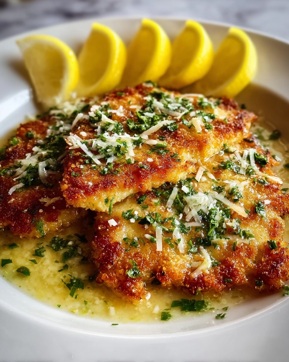 The image shows three golden brown, crispy fried fish fillets arranged on a white plate, covered with finely chopped green herbs and a light sprinkle of grated cheese. The fillets have a textured crust with some melted cheese on top, resting in a pool of light yellow buttery sauce. At the top edge of the plate, there are four thin lemon wedges with a bright yellow color. The background surface is a white marbled texture. photo taken with an iphone --ar 4:5 --v 7