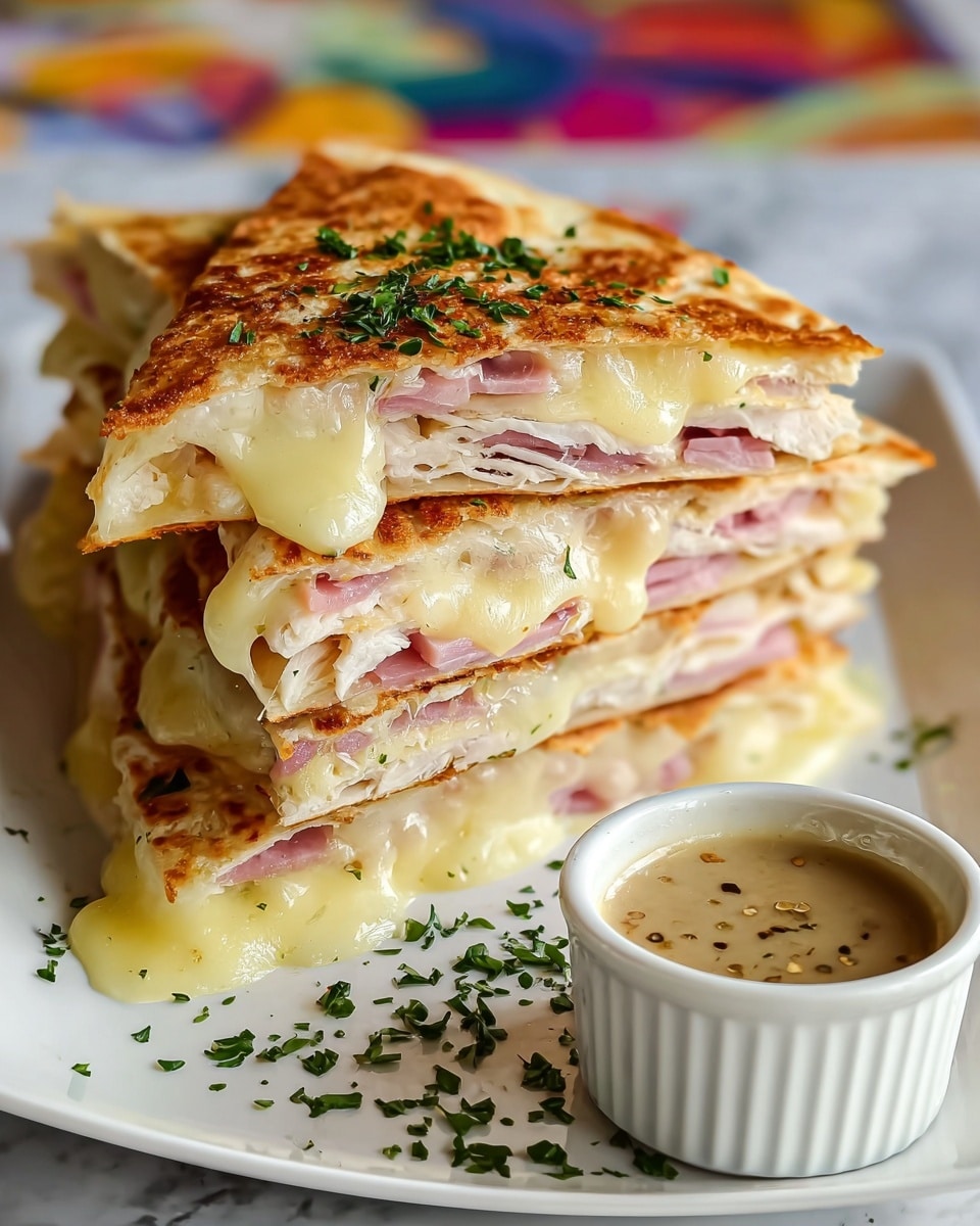 A stack of three triangular quesadilla pieces on a white rectangular plate, each piece showing golden toasted flatbread with a slightly crispy texture and sprinkled with fresh chopped green herbs on top. Between the flatbread layers are visible two layers of pink ham slices and thick white chicken slices, along with creamy melted cheese oozing out from the middle and dripping down the sides. The plate is scattered with small bits of green herbs and next to it is a small white bowl holding a creamy light brown dipping sauce with specks of spices. The scene is set on a white marbled textured surface with a colorful blurred background. Photo taken with an iphone --ar 4:5 --v 7