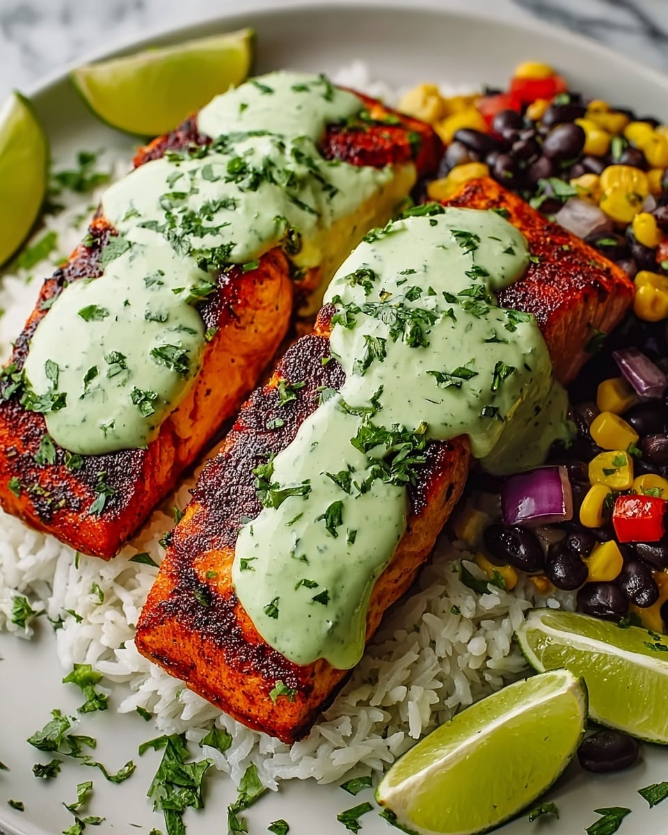 Two pieces of grilled salmon with a crispy, deep orange-brown outer layer are placed on a white plate. Each piece is topped with a thick, light green creamy sauce sprinkled with finely chopped herbs. Underneath and beside the salmon, there is a layer of white rice, black beans, and yellow corn mixed together, along with some diced red onion and chopped tomato. Several lime wedges are placed around the salmon, adding a fresh green color. The whole dish is on a white marbled textured surface. photo taken with an iphone --ar 4:5 --v 7