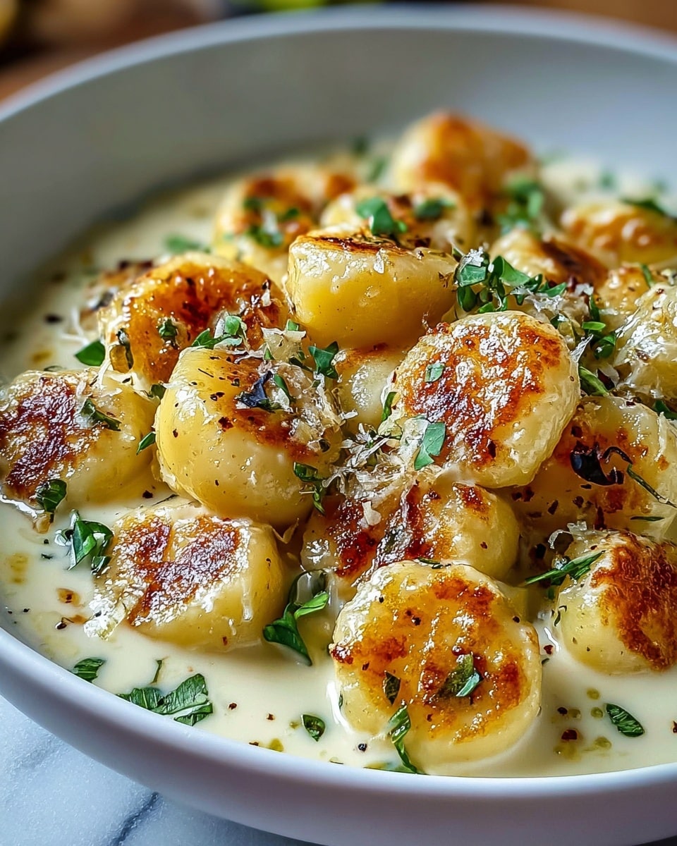 The image shows a white bowl filled with round gnocchi pieces that are golden brown and slightly charred on top, giving a crispy texture. Each gnocchi is covered in a creamy white sauce that looks smooth and shiny. Small green herb leaves are scattered on top of the gnocchi, adding a fresh green color contrast. The bowl sits on a white marbled texture surface, highlighting the warm colors of the dish. Photo taken with an iphone --ar 4:5 --v 7
