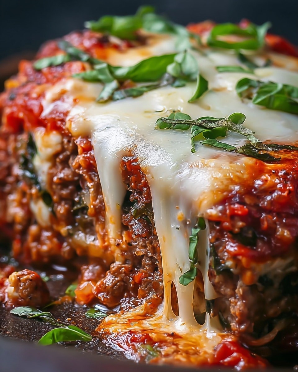The image shows a close-up of a thick slice of lasagna with many layers. The bottom layer is a deep red tomato sauce, thick and rich. Above it is a dense layer of minced meat mixed with herbs, showing brown and green colors with a moist texture. Next is a layer of melted, stretchy white cheese that pulls apart as the slice is lifted. Above the cheese is a thick, smooth layer of tomato sauce mixed with small chunks of tomato that are bright red. On top of it, a golden layer of baked mozzarella cheese is melted and slightly browned, with fresh green basil strips scattered over the surface. The lasagna sits on a white plate with a white marbled surface under it. Photo taken with an iphone --ar 4:5 --v 7