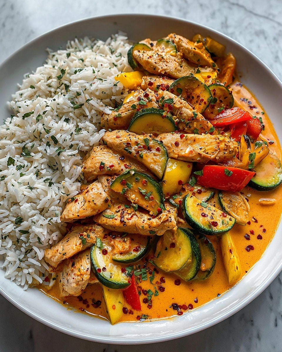 The dish shows a white bowl filled with two main parts: on one side, plain white rice with individual grains visible and some small green herbs scattered on top; on the other side, several pieces of golden-brown, grilled chicken layered between slices of green zucchini and chunks of yellow squash, all coated in a creamy orange sauce with visible red pepper flakes and sprinkled green herbs. The chicken pieces are stacked in a slightly overlapping way, and the vegetables are interspersed evenly among them, creating a layered effect of light yellow, green, and warm orange hues. The bowl sits on a white marbled surface. photo taken with an iphone --ar 4:5 --v 7