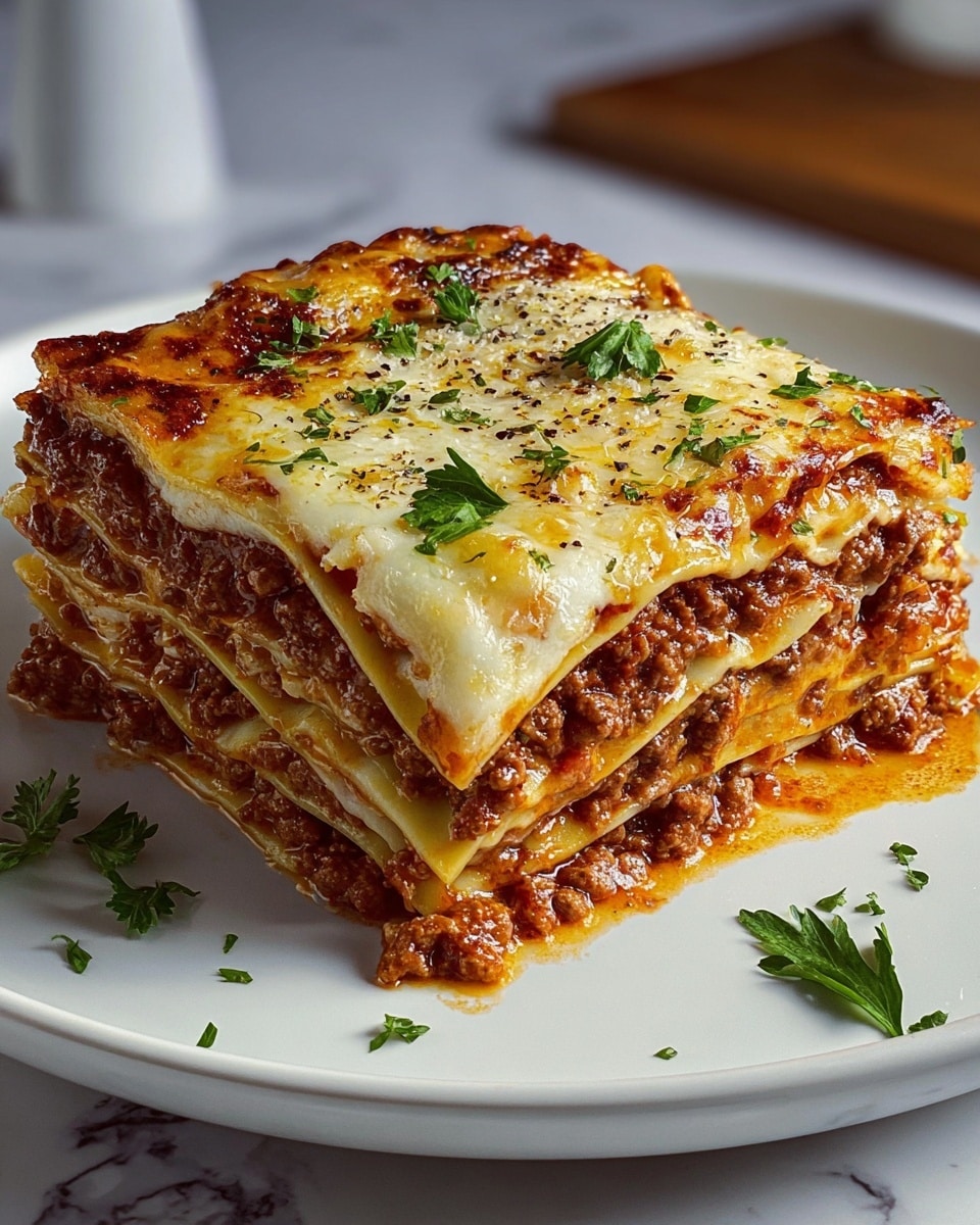 A thick, square slice of lasagna sits on a white plate with four visible layers. The bottom layer is a white pasta sheet topped with a slightly red, chunky meat sauce. Above it lies another pasta sheet covering a thick, brown, crumbly meat layer mixed with sauce. The next pasta sheet supports a similar meat layer. The top layer is a smooth, creamy white cheese sheet browned with golden spots and sprinkled with black pepper and green herbs. A small sprig of fresh green parsley decorates the top, while small bits of parsley and black pepper scatter on the plate. The plate rests on a white marbled surface. photo taken with an iphone --ar 4:5 --v 7