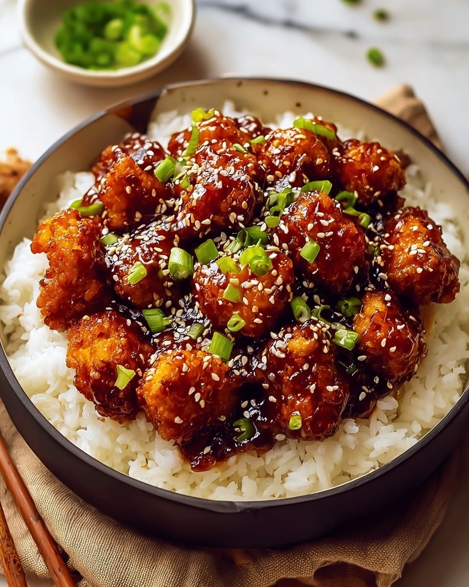 The image shows a bowl with two main layers of food. The bottom layer is white rice with a soft and fluffy texture. On top are crispy fried chicken pieces covered in glossy dark brown sauce that looks sticky and thick. The chicken is sprinkled with white sesame seeds and small green bits of chopped spring onions, adding color contrast and texture. The bowl is dark but changed to white as per instructions, and it rests on a white marbled surface with a piece of light brown cloth beneath it, slightly visible. photo taken with an iphone --ar 4:5 --v 7