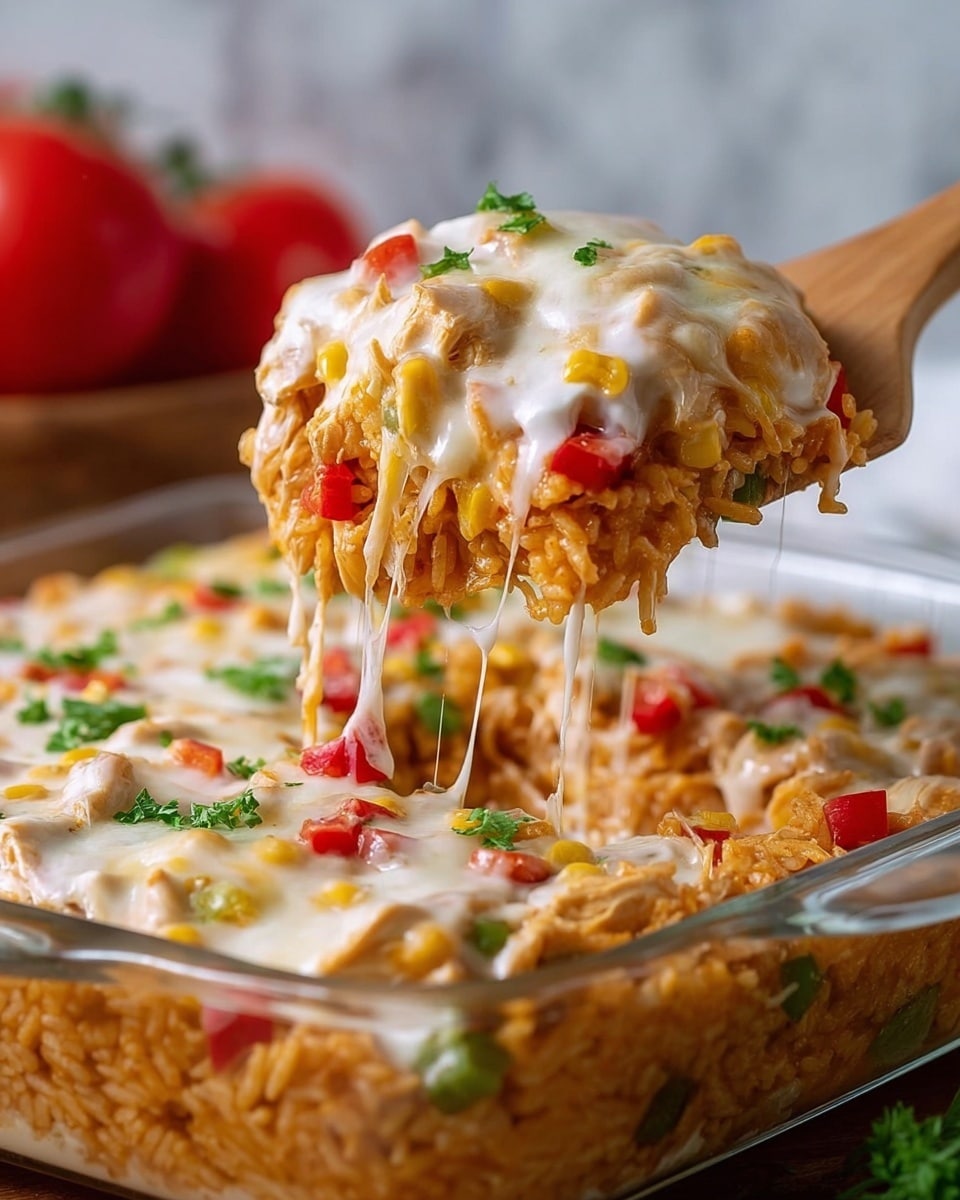 A close-up view of a cheesy casserole being scooped from a clear glass dish, showing three main layers: the bottom layer is a textured orange rice mixed with small pieces of red and green peppers; the middle layer consists of creamy white sauce with chunks of chicken and colorful vegetables; the top layer is melted yellow and white cheese sprinkled with small parsley leaves, with cheese stretching as the scoop lifts. The dish is set on a white marbled surface with a blurred red tomato in the background, and a wooden spoon is used to lift the portion. photo taken with an iphone --ar 4:5 --v 7