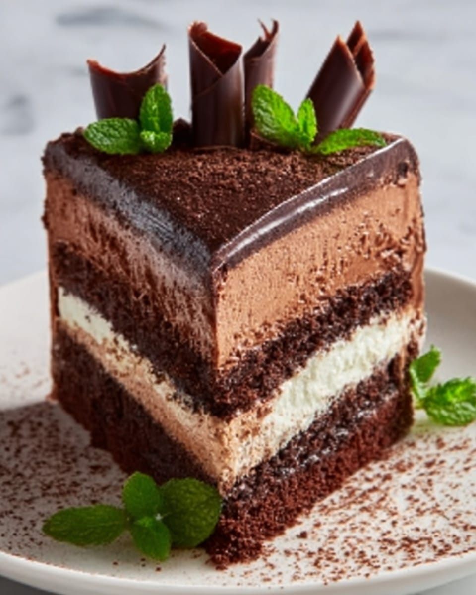 A close-up image of a three-layer chocolate cake slice placed on a white plate, sitting on a white marbled surface. The bottom and middle layers are dark, moist chocolate cake with a light brown, creamy chocolate mousse layer in between. On top, there is a smooth layer of chocolate ganache dusted lightly with cocoa powder. The cake is decorated with curled dark chocolate ribbons and two fresh green mint leaves placed on top. In the background, the surface is softly blurred. Photo taken with an iphone --ar 4:5 --v 7