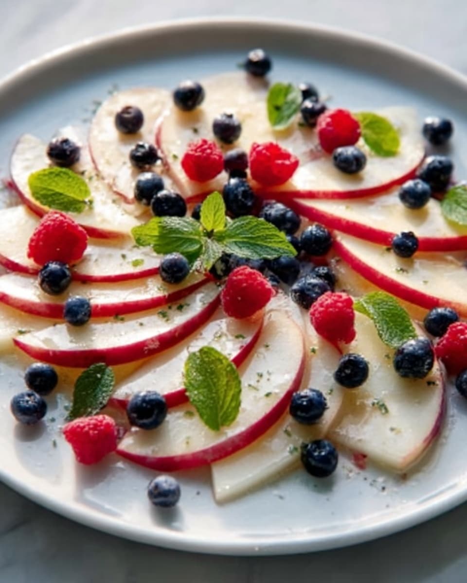 The dish is presented on a white plate resting on a white marbled surface. It has one layer of thin apple slices with red skin, arranged in a circular pattern, slightly overlapping. Scattered on top are small, round, dark blue blueberries and bright red raspberries, adding color contrast. Fresh green mint leaves are placed sparingly for decoration. The fruits and apple slices have a light shine, showing freshness. The photo taken with an iphone --ar 4:5 --v 7