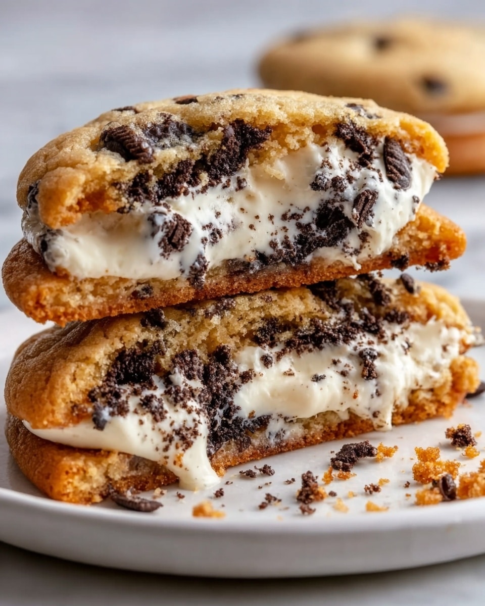 The image shows a close-up of a baked cookie cut in half, revealing three distinct layers. The outer layer is a golden-brown baked cookie dough with a slightly crumbly texture. Inside, there is a thick layer of melted white cream, creamy and smooth, surrounding pieces of dark chocolate cookie with a crunchy texture. The cookie halves rest on a white plate with cookie crumbs scattered around, all placed on a white marbled surface. Photo taken with an iphone --ar 4:5 --v 7