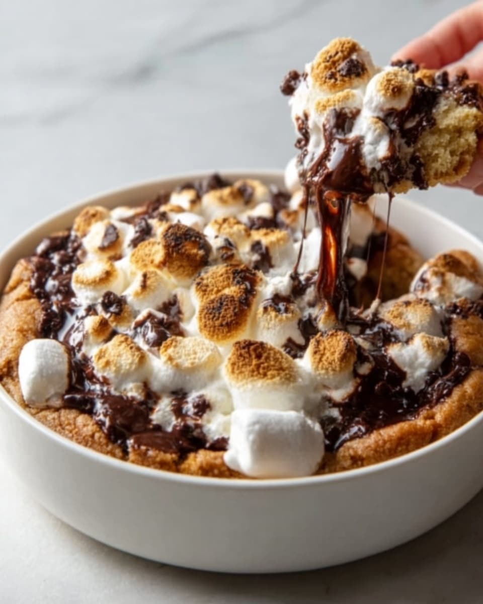 A close-up of a baked s'mores cookie in a white bowl, showing a thick golden-brown cookie layer forming the base with visible chocolate chips. On top, there are toasted white marshmallows arranged in a cluster at the center, some browned on top with a slightly crispy texture. Melted dark chocolate is mixed between the cookie and marshmallows, creating a rich, gooey look. The edges of the cookie are slightly raised, and a woman's hand is partially visible holding a spoon inside the bowl on the right side. The background is a white marbled texture. photo taken with an iphone --ar 4:5 --v 7