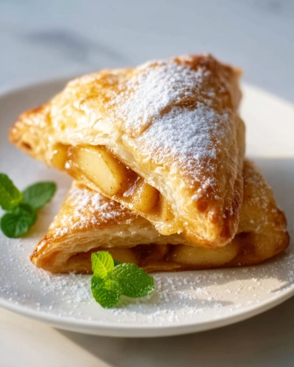 This image shows two golden brown triangular pastries on a round white plate, sitting on a white marbled surface. The top pastry is cut open, revealing a filling of small yellow apple pieces with some brown spices inside. The pastry has a crisp, flaky texture with visible layers and a slight shine from baking. Powdered sugar is lightly dusted on top of the pastries. Fresh green mint leaves are placed on the plate for decoration. Photo taken with an iphone --ar 4:5 --v 7