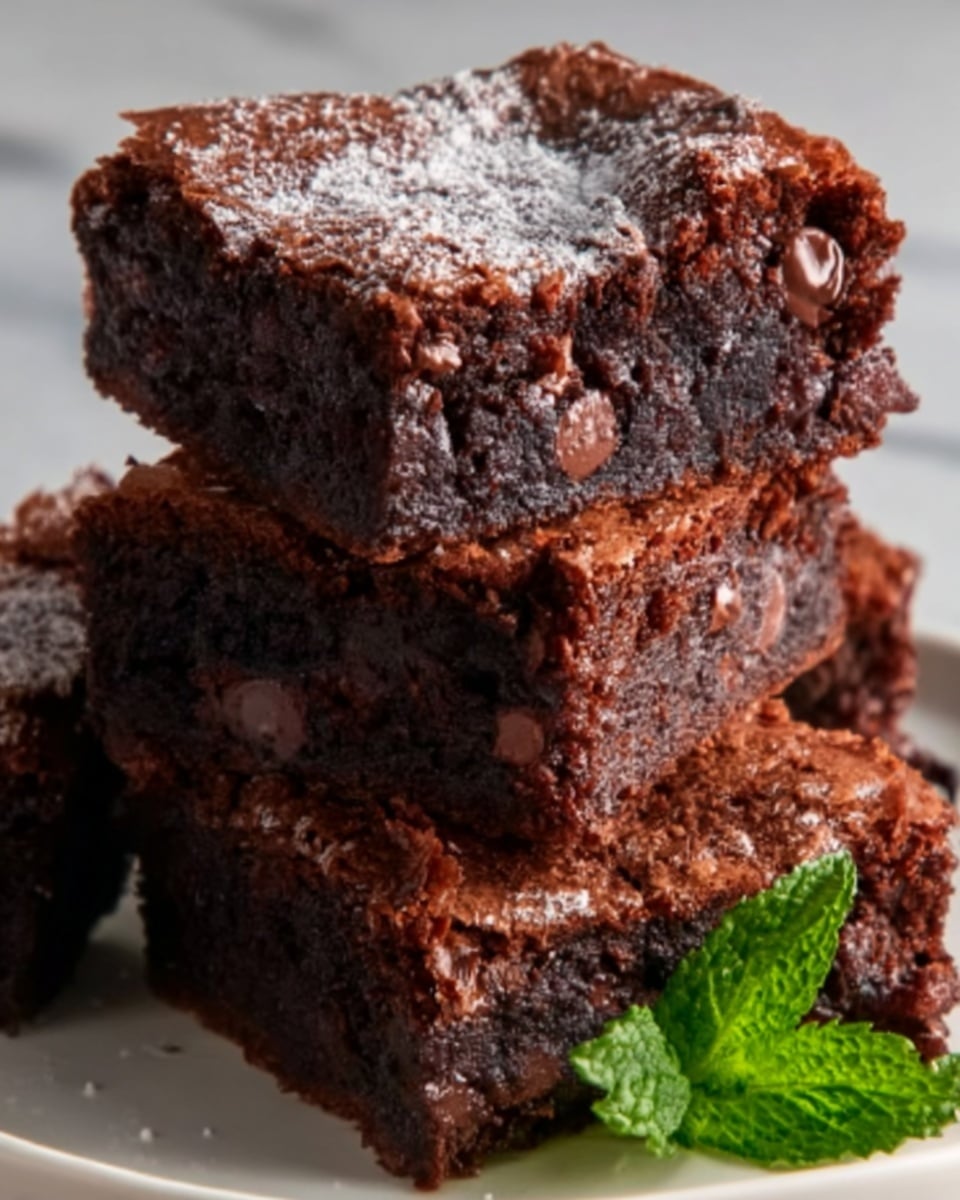 The image shows a close-up of rich, moist brownies stacked on a white plate. The brownies have a dark brown, slightly cracked top layer with visible chocolate chips embedded inside. One brownie is topped with a light dusting of powdered sugar and a small fresh mint leaf on the side. The texture looks dense and fudgy, with soft, gooey insides visible in the cut edges. The photo is taken on a white marbled surface. Photo taken with an iphone --ar 4:5 --v 7