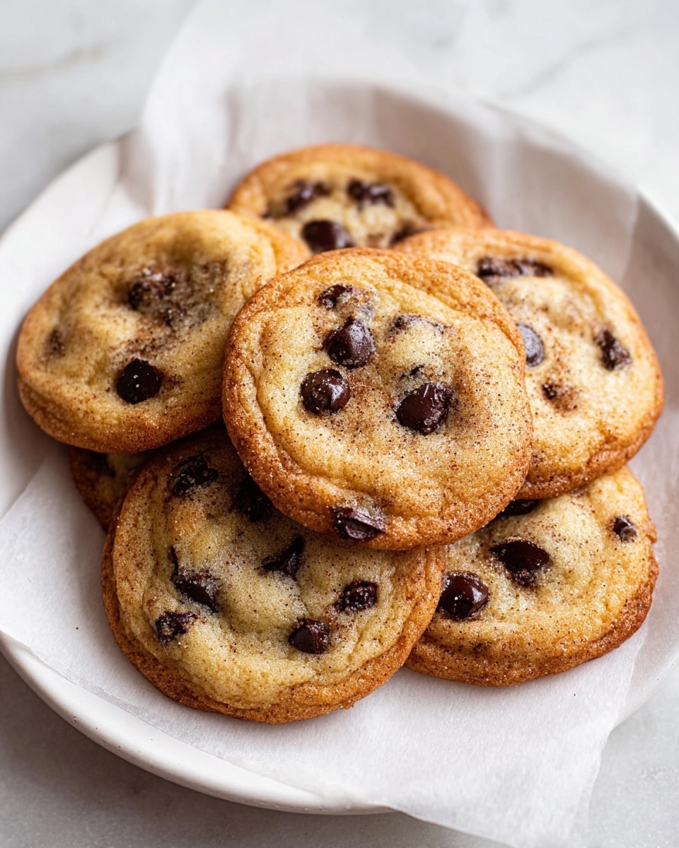 A white plate holds six soft, round chocolate chip cookies stacked in a slightly overlapping way. Each cookie shows a golden-brown edge that is crisp and slightly darker, with a lighter, golden center that looks soft and chewy. Dark chocolate chips are scattered generously across the tops, some slightly melted and glossy. The plate is lined with a piece of white parchment paper, and a small sprinkle of cinnamon or cocoa powder decorates the plate's surface around the cookies. The entire scene is set on a white marbled texture, giving a clean and simple look. photo taken with an iphone --ar 4:5 --v 7