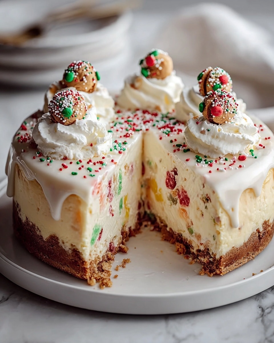 A thick cheesecake with a brown crumbly crust as the bottom layer, topped with a creamy off-white filling mixed with red, green, and yellow bits inside. The top layer is covered with white icing that drips slightly down the side. On top, there are swirls of whipped cream, each decorated with small round red and green candies and tiny cookie balls, all sprinkled with colorful small sprinkles. The cake is placed on a white plate with a few crumbs around its base, and the background is a white marbled texture. Photo taken with an iphone --ar 4:5 --v 7
