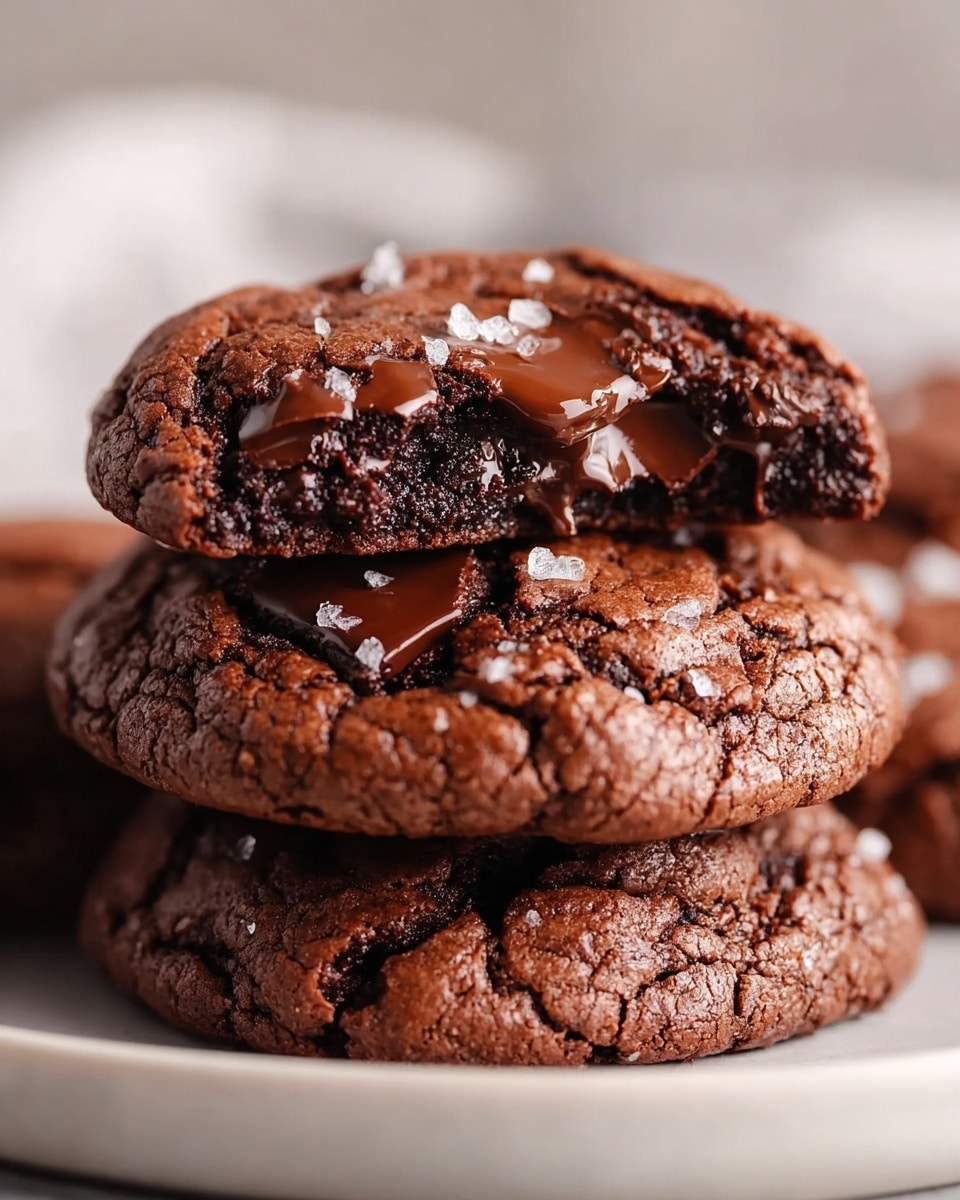 The image shows a stack of three thick, cracked chocolate cookies on a white plate with a white marbled texture underneath. The top cookie is broken in half, revealing a melted, gooey dark chocolate center with a smooth texture. The cookie surface is dark brown with a rough, bumpy texture and some shiny melted chocolate patches. Small white salt flakes are sprinkled on top, adding contrast. The background is softly blurred with warm tones, focusing attention on the rich and dense cookies. photo taken with an iphone --ar 4:5 --v 7