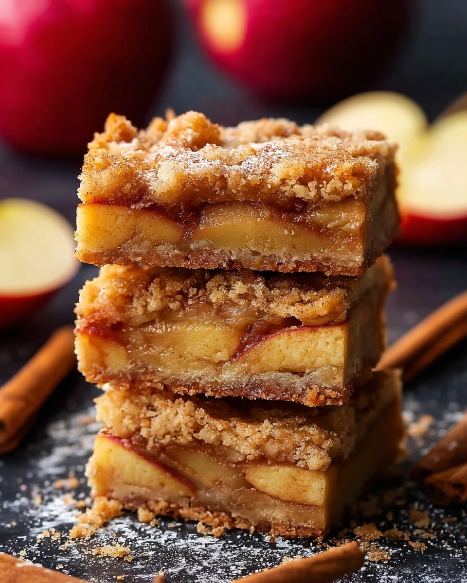 A stack of three apple cinnamon bars is shown close up, each bar has three layers: a golden brown crumbly crust at the bottom, a thick middle layer of juicy apple slices with red skins visible, and a top layer of golden baked cinnamon sugar crumb topping sprinkled with granulated sugar and cinnamon powder. The bars look soft and moist, with sugar crystals and crumbs scattered around them on a white marbled surface. Two cinnamon sticks lie on the surface near the bars, and blurred red apples are visible in the background. photo taken with an iphone --ar 4:5 --v 7