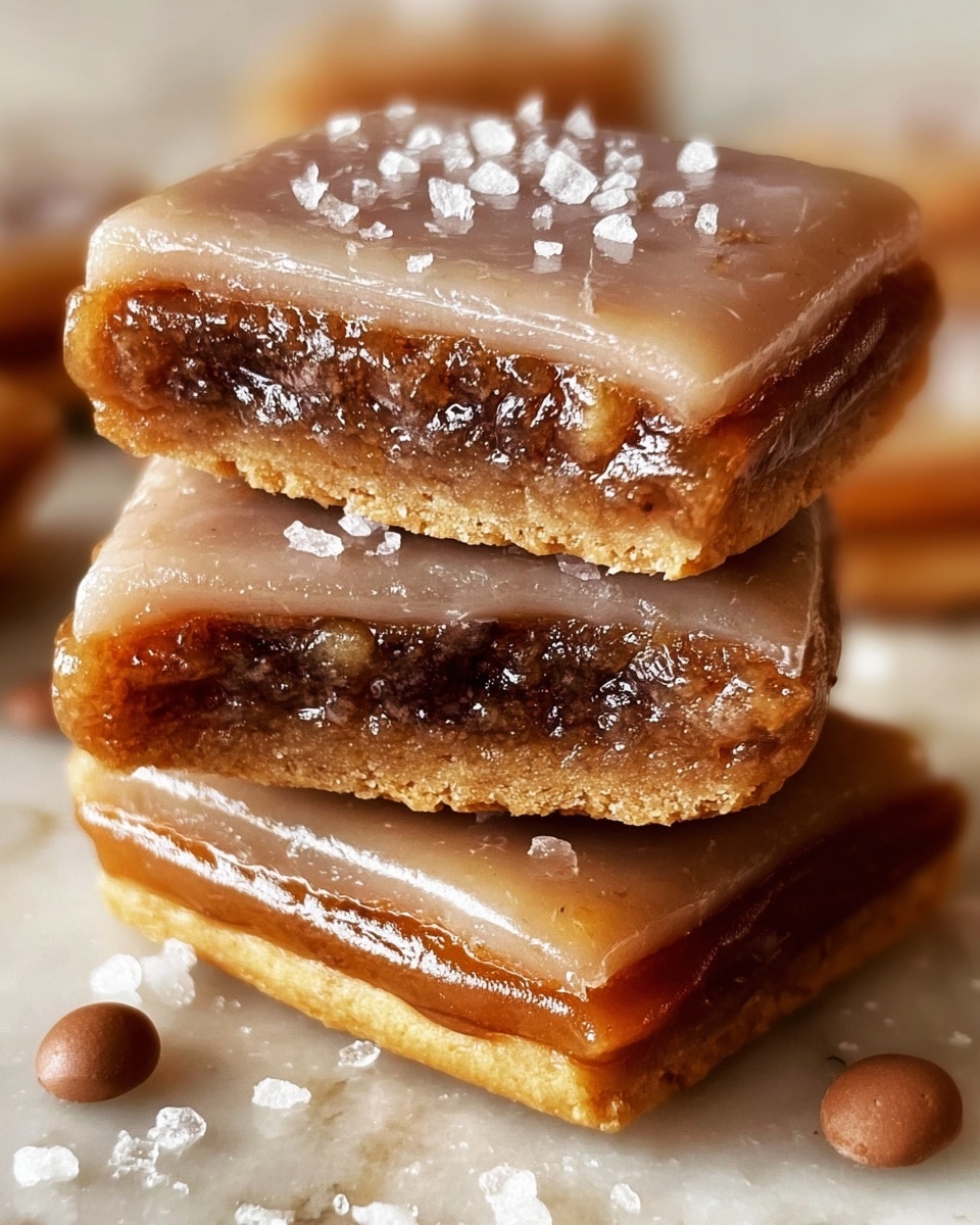 The image shows a close-up view of a layered sweet treat consisting of two visible sections stacked on top of each other. Each section has a shiny, translucent outer layer with a smooth, light brown surface that reflects light. Inside this outer layer, there is a thick, glossy, dark brown filling with a jelly-like texture that appears sticky and rich. Beneath these two stacked sections, there is a golden-brown, round, baked base layer with a slightly uneven, cracked surface texture. Around the base, some scattered small round chocolate drops and coarse white sugar crystals can be seen on a white marbled texture. The scene is warm and focused, with fine details of the sticky filling and baked layer clearly visible. photo taken with an iphone --ar 4:5 --v 7