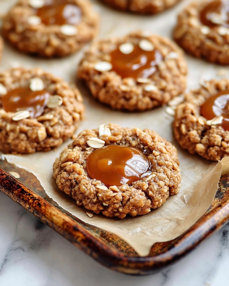The image shows several oatmeal cookies on a metal baking tray lined with parchment paper. Each cookie is round and golden brown with a rough, slightly bumpy texture from the oats. In the center of each cookie is a glossy caramel dollop with a smooth, shiny surface and a few oat flakes sprinkled on top. The caramel looks sticky and rich, contrasting with the crunchy texture of the oatmeal cookie. The baking tray has a worn, rustic look with some dark spots and is placed on a white marbled surface. photo taken with an iphone --ar 4:5 --v 7
