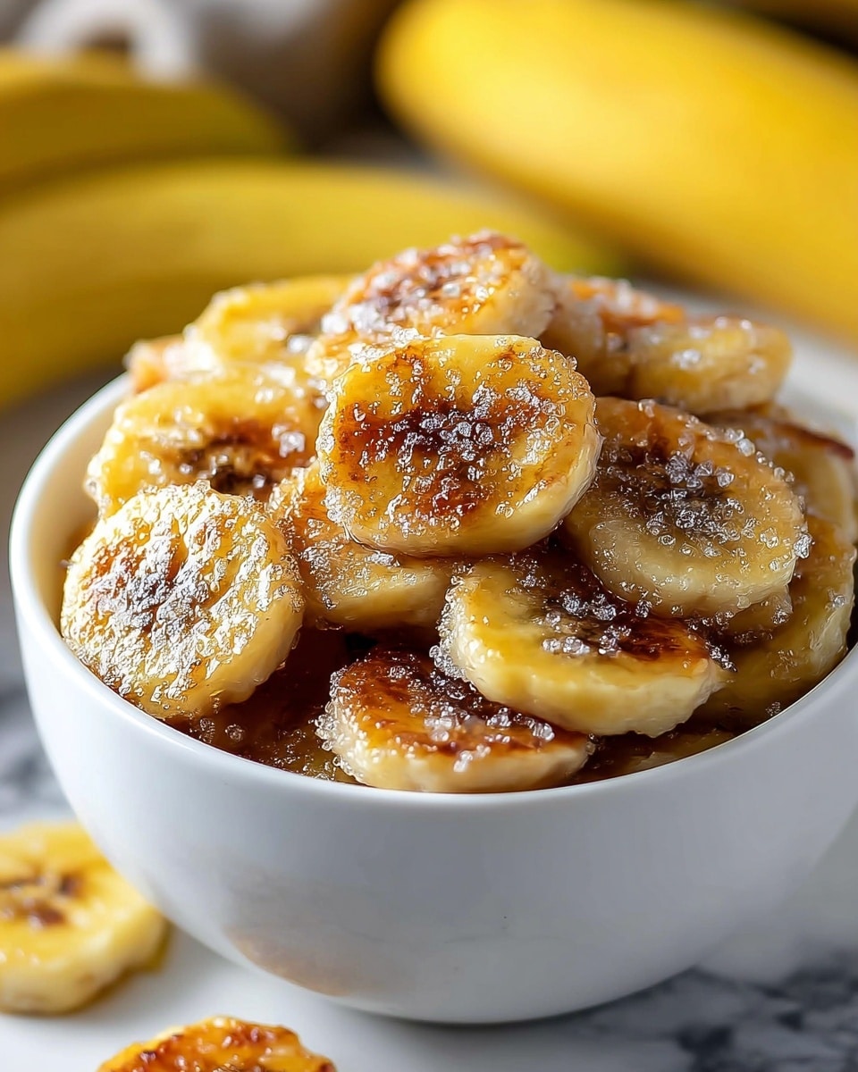 A white bowl filled with several layers of thin, round banana chips that are golden yellow with some brown caramelized spots. The banana chips have a slightly rough texture and are sprinkled with fine white sugar granules that sparkle under the light. The bowl sits on a white marbled surface with a blurred background showing hints of yellow bananas. One banana chip is partially visible at the bottom right corner outside the bowl, adding depth to the image. Photo taken with an iphone --ar 4:5 --v 7