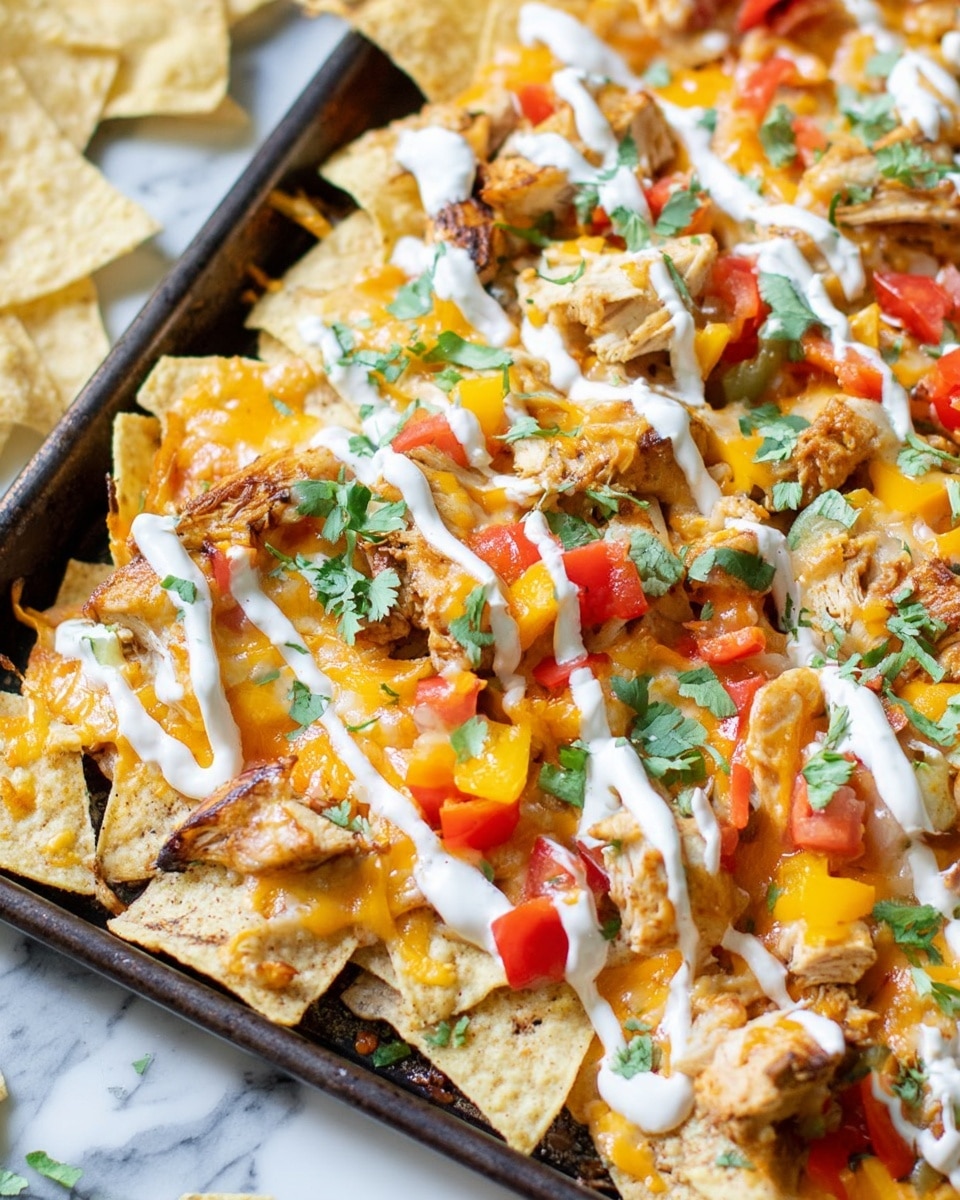 A white plate filled with nachos layered with melted yellow-orange cheese, seasoned grilled chicken pieces, and small diced red, yellow, and green bell peppers scattered throughout. The nachos are drizzled with white sour cream in thin lines and sprinkled with fresh green chopped cilantro on top. The chips appear crisp and slightly golden, creating a textured base that supports the colorful toppings. The entire dish is presented on a white marbled surface. photo taken with an iphone --ar 4:5 --v 7