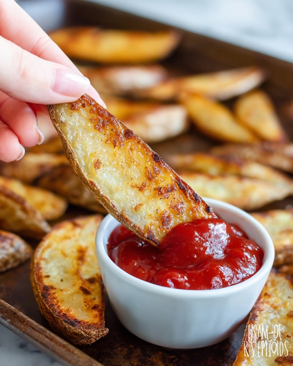 A close-up shows a woman's hand holding a golden-brown crispy potato wedge dipped into a small white bowl filled with bright red chunky ketchup. The potato wedge has a textured, slightly rough surface with some light browning spots and a soft inside visible along the edges. In the background, more potato wedges with similar crispy textures lie scattered on a dark baking tray. The overall setting is on a white marbled texture. photo taken with an iphone --ar 4:5 --v 7