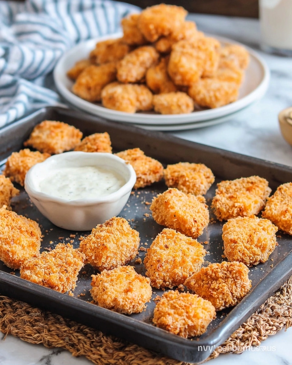 The image shows a dark baking tray filled with two rows of small, golden brown, crispy fried chicken nuggets with a rough textured coating. Behind the tray, there is a white plate stacked with more chicken nuggets that have the same crunchy coating, along with a small white bowl of creamy white dipping sauce. The tray and plate are placed on a white marbled surface with a woven mat partially visible under the tray. Photo taken with an iphone --ar 4:5 --v 7
