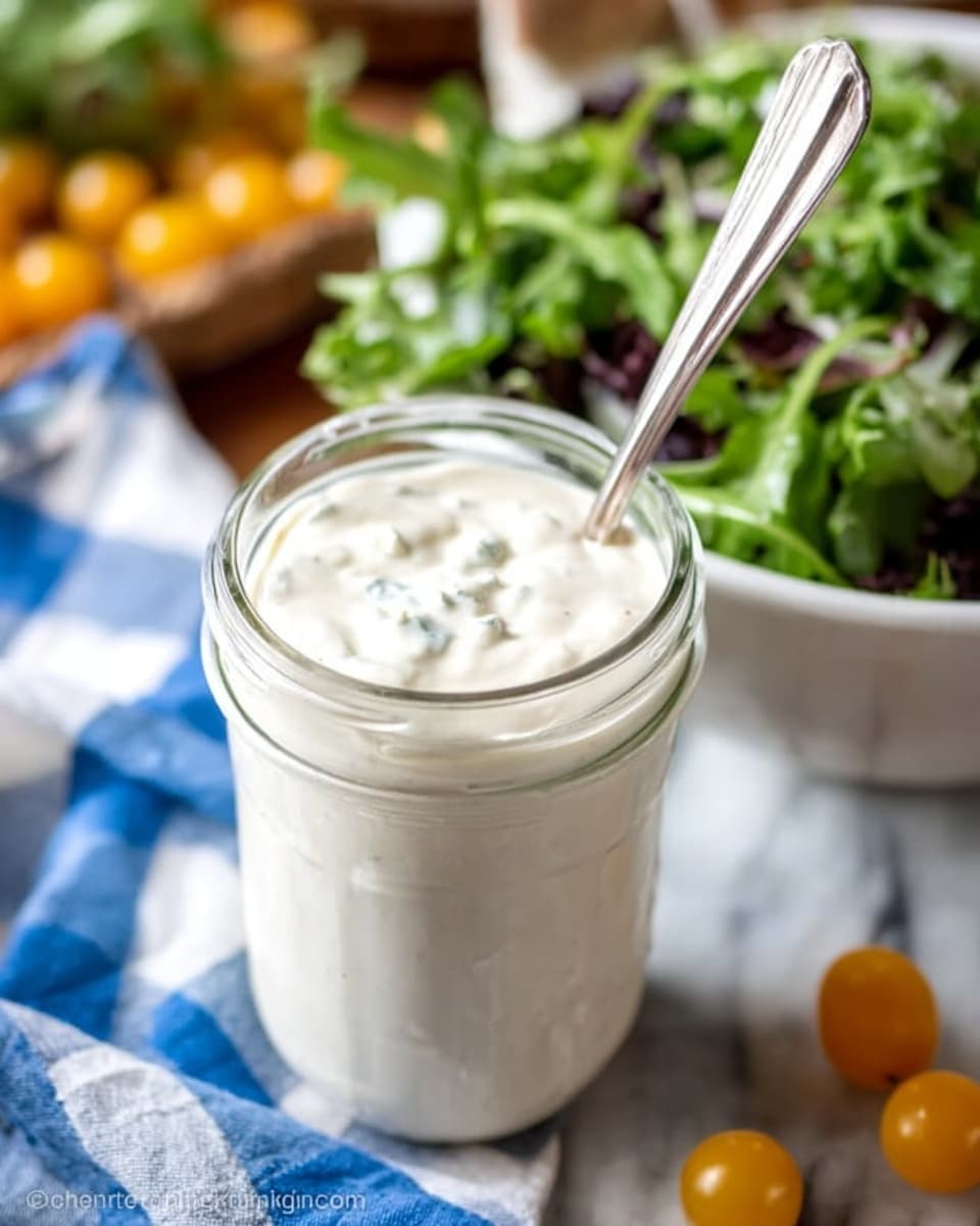 A clear glass jar filled to the top with thick, creamy white dressing, with small chunks of blue cheese visible on the surface; a silver spoon standing upright inside the jar, resting against the side. The jar sits on a soft blue and white checkered cloth. In the background, there is a large white bowl filled with green leafy lettuce and bright yellow cherry tomatoes, slightly blurred. All items are placed on a white marbled surface. Photo taken with an iphone --ar 4:5 --v 7