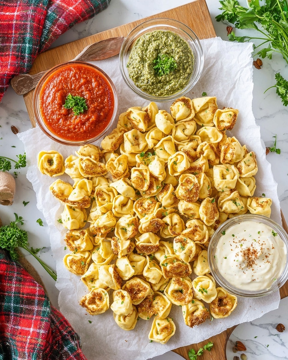 A wooden board lined with crinkled white parchment paper holds a large pile of golden-brown toasted tortellini, some topped with small green herb pieces, spread mostly on the right side. On the left side of the board are three small clear glass bowls: the top left bowl contains bright red marinara sauce garnished with green rosemary sprigs, the top right bowl has a textured green pesto sauce, and the center bowl features a smooth white creamy dip sprinkled with a dusting of brown seasoning. A colorful red, green, and white striped towel along with a metal spatula with holes rest behind the board, set on a white marbled surface. photo taken with an iphone --ar 4:5 --v 7