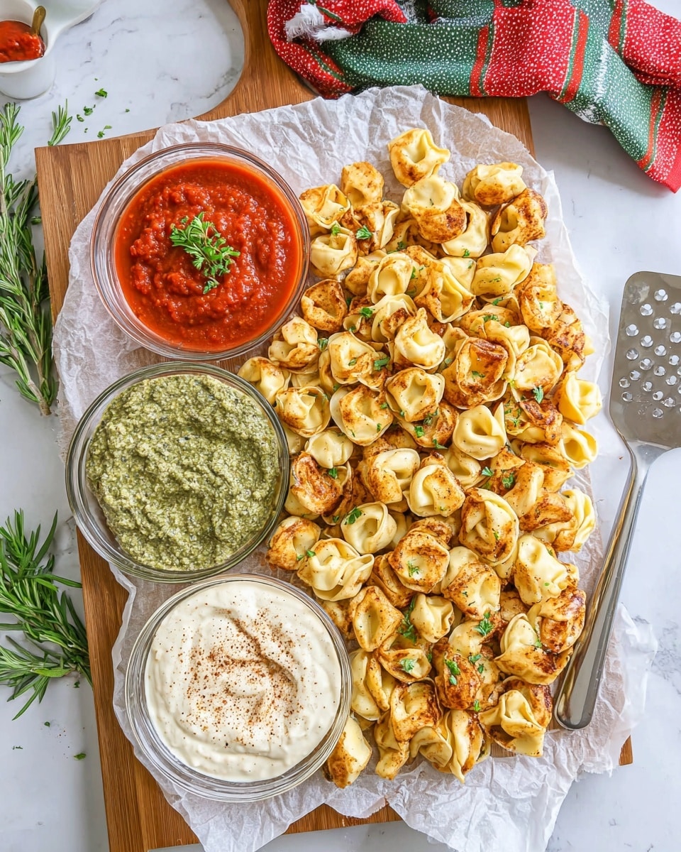 A wooden board lined with white parchment paper holds a large pile of small, golden-brown toasted tortellini scattered across most of the surface. The tortellini are slightly crispy and garnished with small green parsley leaves. At the top left corner of the board, three small clear glass bowls are placed closely together in a row, each filled with a different dip: the left bowl contains bright red tomato sauce topped with a green herb sprig, the middle bowl has a thick green pesto, and the right bowl holds a creamy white sauce with a sprinkle of brown spice on top. A red, white, and green plaid kitchen towel and some fresh parsley are partially visible around the board. The setting is on a white marbled texture surface. Photo taken with an iphone --ar 4:5 --v 7