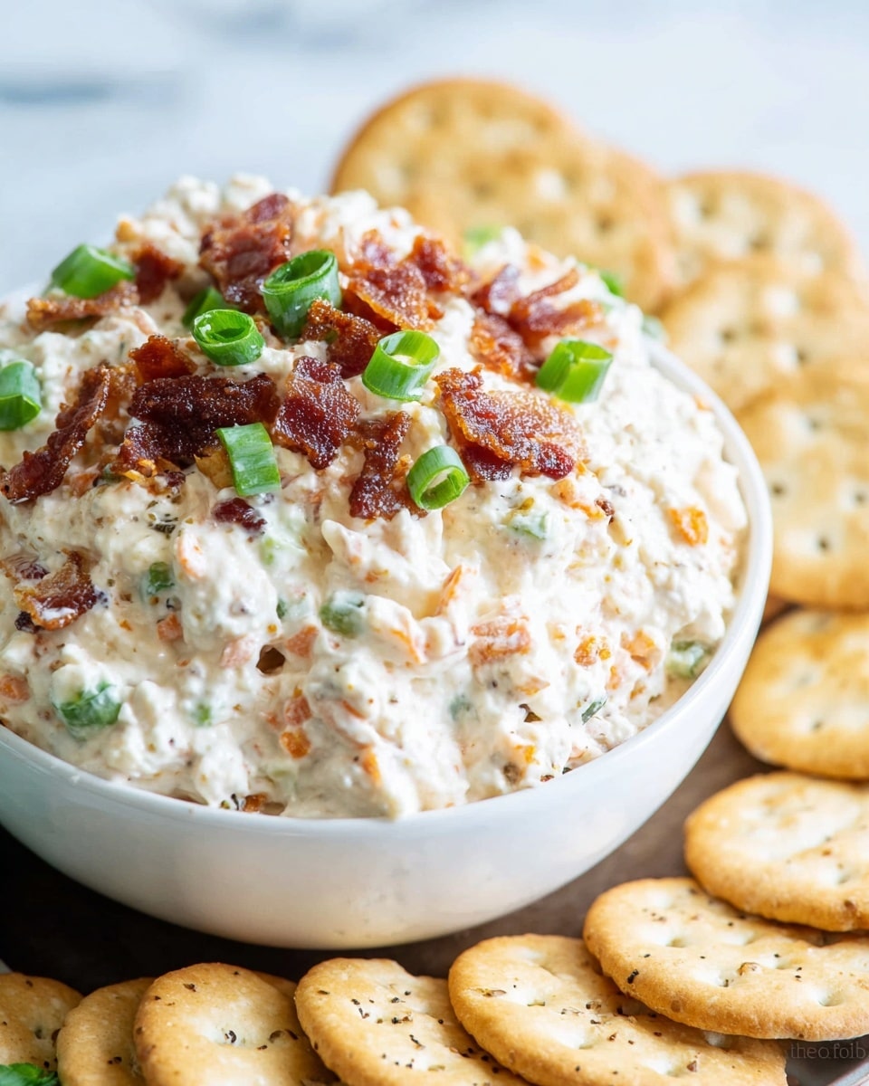 A close-up of a creamy, chunky dip piled high in a white bowl with a black exterior, showing a thick mixture of white cream cheese or sour cream folded with shredded cheese, green chopped scallions, and small pieces of crispy brown bacon scattered throughout and on top. The texture looks smooth with some small lumps from the mix-ins, and the bowl sits on a white marbled surface with round, golden crackers fanned out in front, providing a warm contrast. Photo taken with an iphone --ar 4:5 --v 7