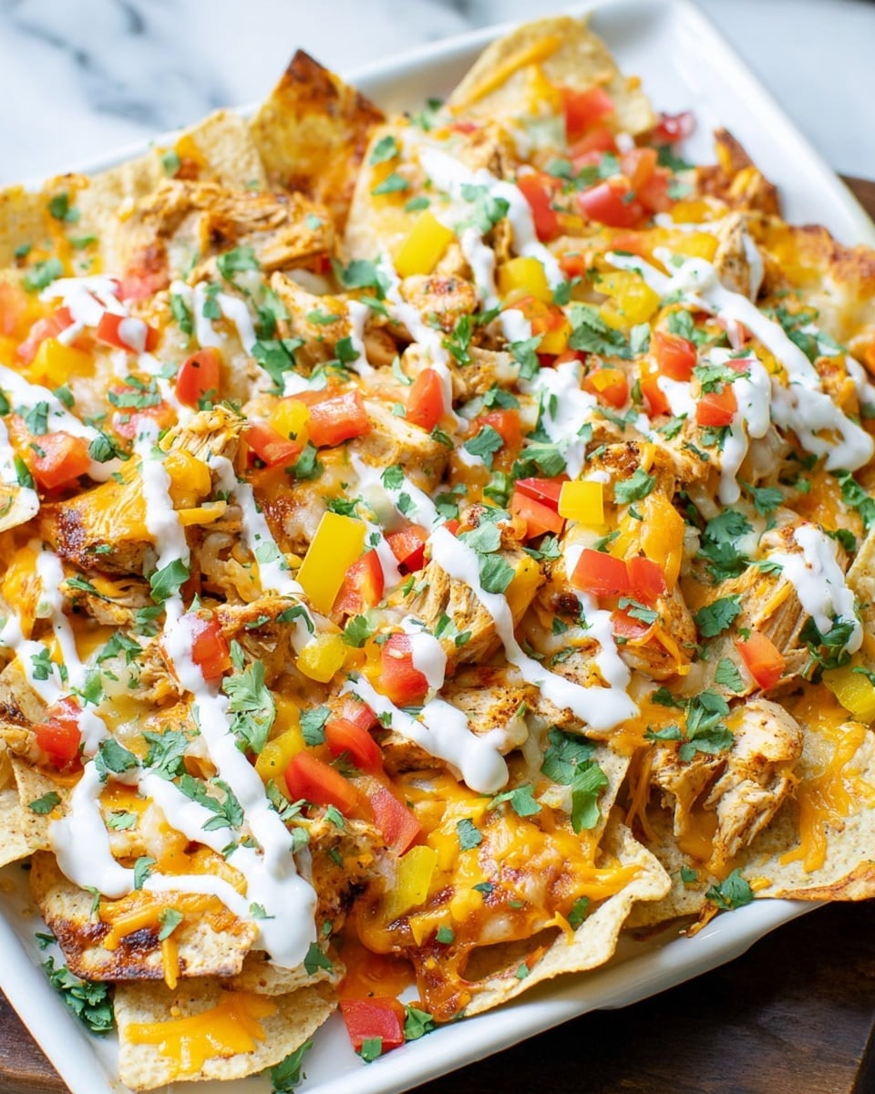 A close-up of a tray filled with one layer of light yellow tortilla chips topped unevenly with melted orange cheddar cheese, grilled pieces of light brown chicken, small chopped pieces of red, yellow, and green bell peppers, and fresh green cilantro leaves. White sour cream is drizzled in thin lines across the top, creating a contrast with the bright colors underneath. The tray is set on a surface with a white marbled texture and is surrounded by more tortilla chips. photo taken with an iphone --ar 4:5 --v 7