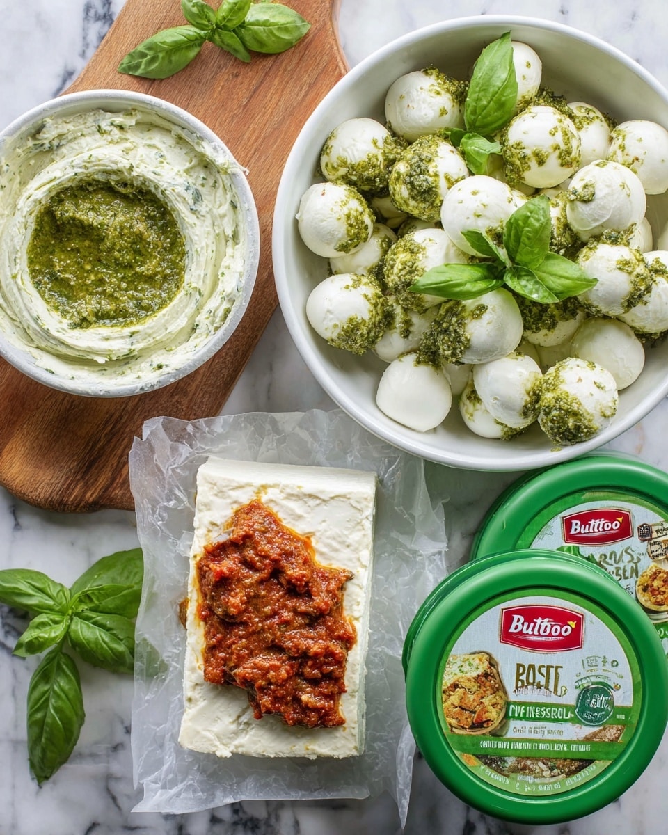 The image shows a wooden board with three food items and two green containers of Buitoni pesto with different labels on top left and bottom right. On the top right, there is a white bowl filled with white mozzarella balls covered with green pesto sauce and garnished with three fresh green basil leaves. On the bottom left, there is a white bowl with a creamy white dip that has a small green dollop of pesto in the center. In the middle, there is a piece of white parchment paper holding a white log of soft cheese topped with a chunky red pepper spread. Near the top center, three fresh green basil leaves are placed directly on the wooden board. Photo taken with an iphone --ar 4:5 --v 7