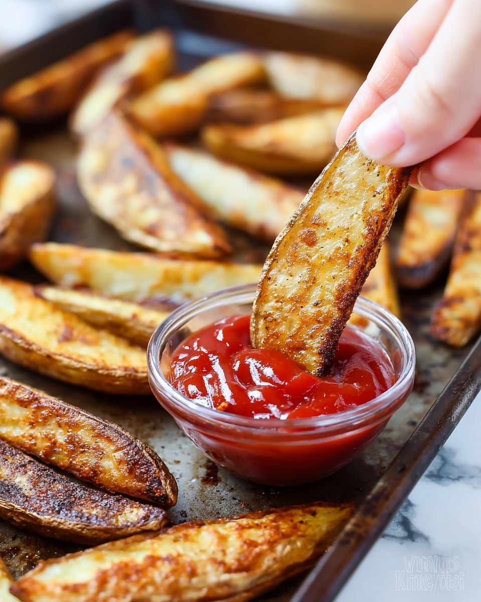 A close-up image shows a woman's hand holding a golden brown potato wedge, crispy and textured with slight charring, dipping it into a small, clear container filled with vibrant red ketchup that has a shiny, smooth surface. The potato wedges are thick, with a mix of crispy edges and softer potato inside. These wedges are spread out on a dark baking tray with a slightly oily and glistening texture, sitting on a white marbled surface. The background is softly blurred, letting the focus stay on the wedge and ketchup. Photo taken with an iphone --ar 4:5 --v 7